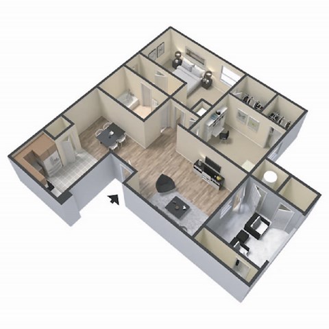 A 3D floor plan of a house with a kitchen, living room, and bathrooms at Ridgeline Apartments in San Bernardino